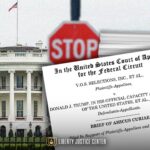 Opening transcript of an amicus brief for V.O.S. Selections, Inc., Et Al. v. Trump over a background image of a stop sign in front of the White House