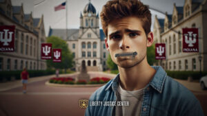 AI-generated image of a sad college student with a zipper over his mouth, preventing him from speaking. The image's background is the campus of Indiana University.