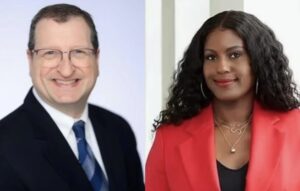 Split-screen image. On the left side is a headshot of Philip Weiss, a white man in a navy suit, blue tie, and glasses. On the right side is a photograph of Chicago Teachers Union President Stacy Davis Gates, a Black woman wearing a red suit and a gold necklace, standing in front of a striped background.