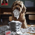 An edited image of a dog chewing up the Chicago Teachers Union's audit information