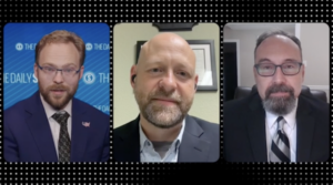 Three men on a conference call. A news anchor in a blue suit and striped tie with glasses and a beard is on the left. Doctor Eric Cubin is in the middle in a dark suit jacket, and Buck Dougherty is on the right is in a black suit, striped tie, glasses, and beard.