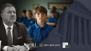 An image split into three parts. One is a black and white photo of Oklahoma Attorney General Gentner Drummond. The second is a picture of a young boy wearing a blue polo shirt and standing in a classroom. The third portion of the image is a black and white perspective shot of the US Supreme Court.