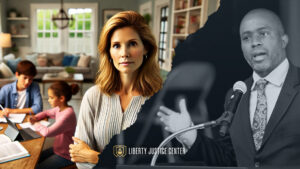 AI-generated image split down the center on a diagonal. On the left side stands a mother with her two children studying in the background. On the right side is a black and white image of California State Superintendent of Public Instruction, Tony Thurmond.