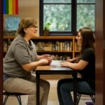 A student sitting down with her councilor